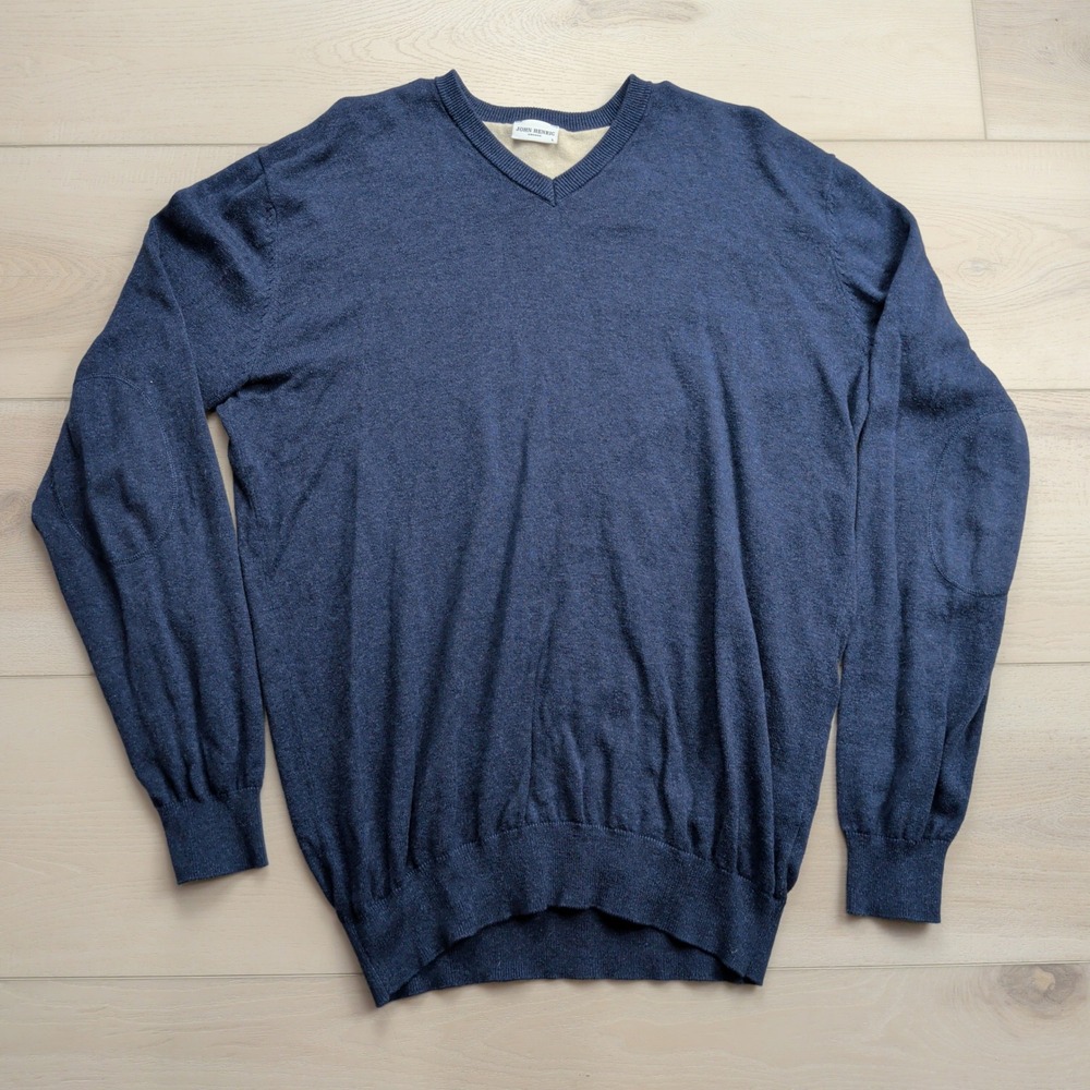 John Henric Sweden Blue Cotton V-Neck Sweater Mens Large Elbow Patches
